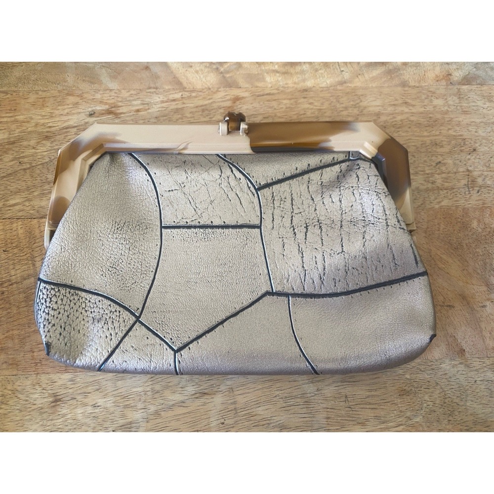 VTG 1950s Metallic Pewter Geometric Clutch Marbled Lucite Evening Art Deco - Picture 2 of 7